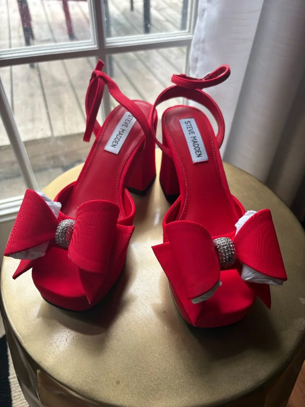 Steve Madden Red Satin Bow Platform Block Heel Sandals Women's 6.5